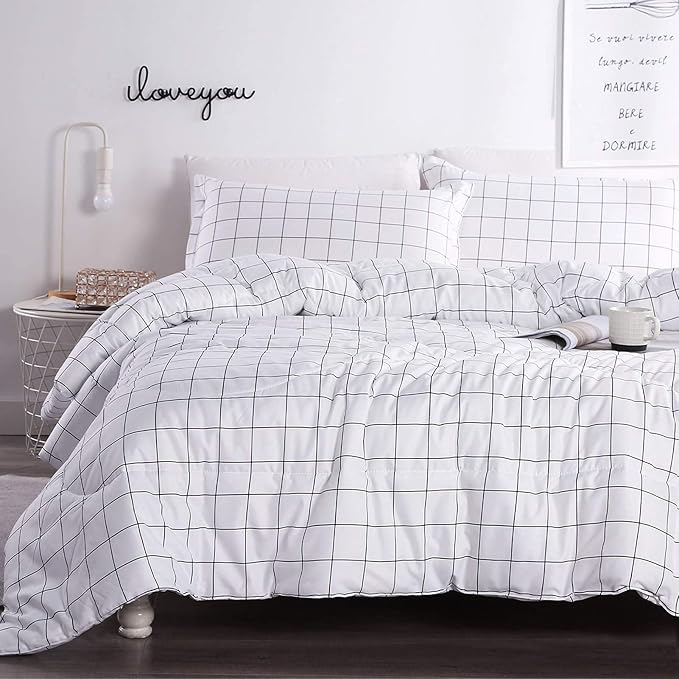 Andency White Grid Comforter Set Full Size (79x90 Inch), 3 Pieces(1 Grid Comforter and 2 Pillowcases), Summer Lightweight Microfiber Down Alternative White Comforter with Black Lines - LeafyLoom