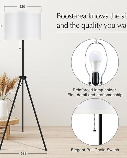 BoostArea Floor Lamp for Living Room, 59.5" Tripod Floor Lamp, White Linen Lamp Shade, Mid Century Standing Lamp for Living Room, Bedroom, Study Room and Office（Bulbs Not Included） - LeafyLoom