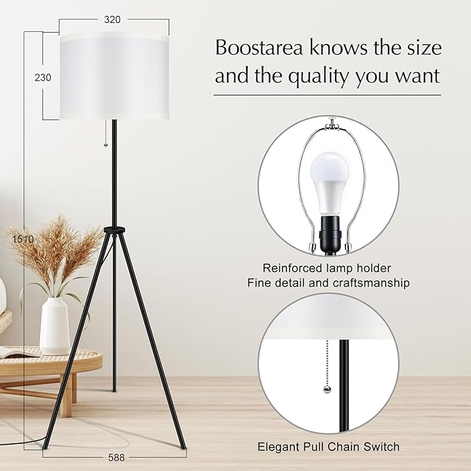 BoostArea Floor Lamp for Living Room, 59.5" Tripod Floor Lamp, White Linen Lamp Shade, Mid Century Standing Lamp for Living Room, Bedroom, Study Room and Office（Bulbs Not Included） - LeafyLoom
