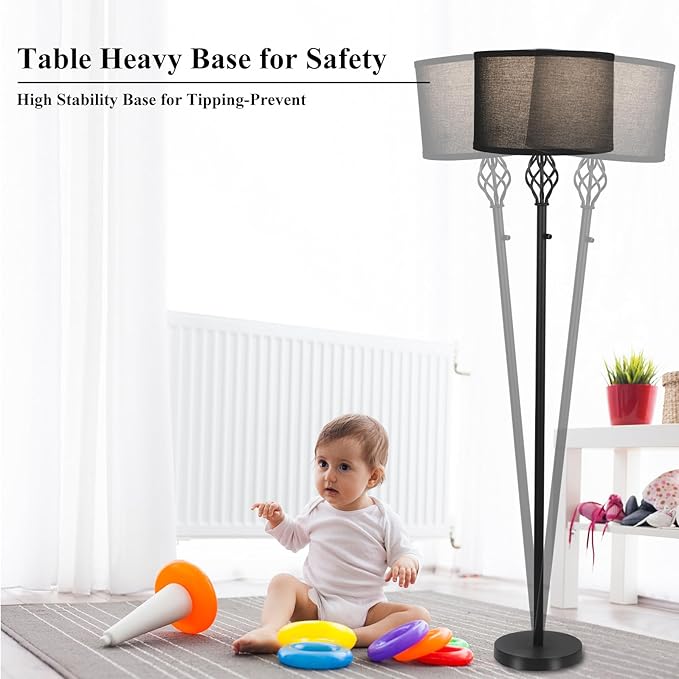 Floor Lamps for Living Room, Standing Lamp for Bedroom, Modern Floor Lamp with Gray Linen Shade, Rotary Switch, 2700K 10W Bulb Included, Stepless Dimmable Floor lamp, Classic Tall Lamp for Office - LeafyLoom