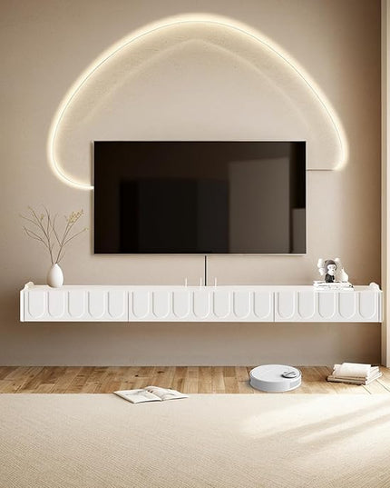 Floating TV Stand, 65'' High Gloss Wall Mounted TV Cabinet, Floating TV Shelves with Door & Drawers, Modern Entertainment Media Console Center Large Storage TV Bench for Living Room (White) - LeafyLoom