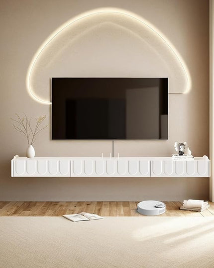 Floating TV Stand, 73'' High Gloss Wall Mounted TV Cabinet, Floating TV Shelves with Door & Drawers, Modern Entertainment Media Console Center Large Storage TV Bench for Living Room (White) - LeafyLoom
