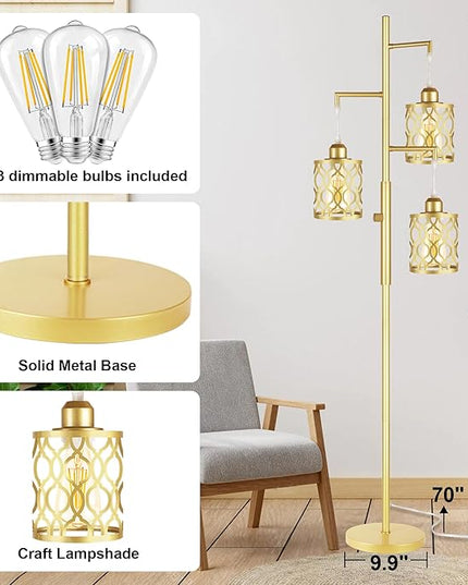 68" Gold Floor Lamp, Dimmable Industrial Floor Lamps for Living Room, 3 Light Rustic Standing Tall Lamp Including 3 PCS 6W E26 Bulbs, Farmhouse Tree Floor Lamp for Bedrooms, Office, Bar - LeafyLoom