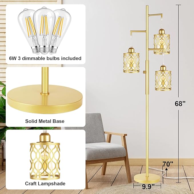 68" Gold Floor Lamp, Dimmable Industrial Floor Lamps for Living Room, 3 Light Rustic Standing Tall Lamp Including 3 PCS 6W E26 Bulbs, Farmhouse Tree Floor Lamp for Bedrooms, Office, Bar - LeafyLoom