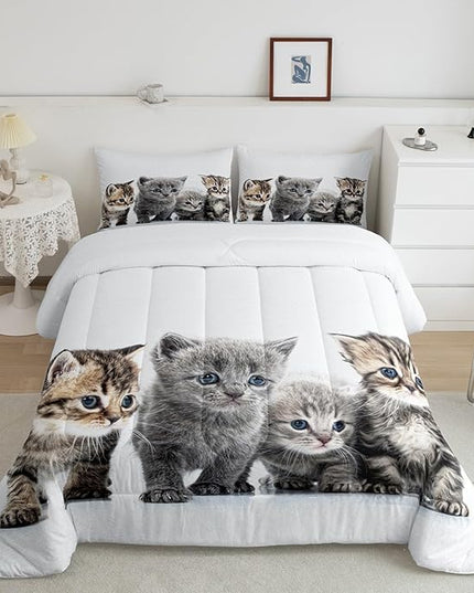 Feelyou Cat Comforter Kids Cute Cat Bedding Set Cartoon Pet Cats Comforter Set for Girls Boys Cute Kitten Room Decor Cat Lovers Kawaii Animal Quilt King Size with 2 Pillow Case Boys - LeafyLoom