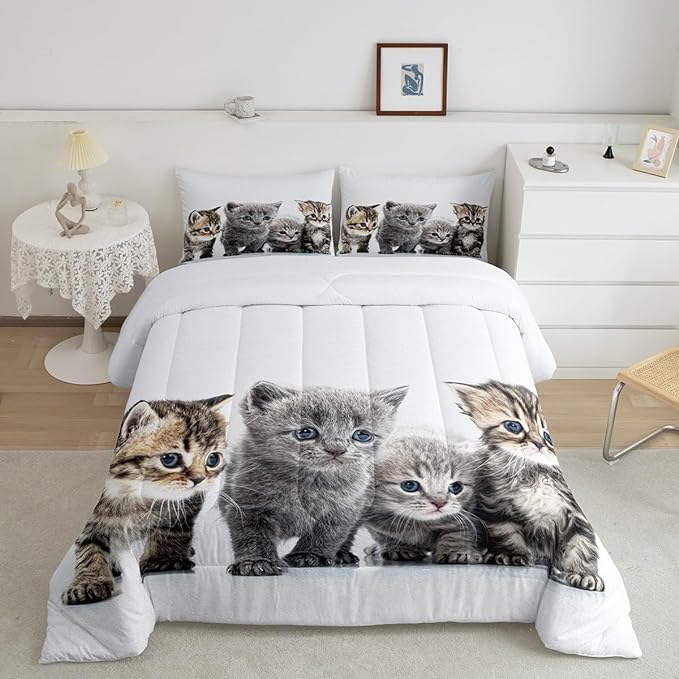 Feelyou Cat Comforter Kids Cute Cat Bedding Set Cartoon Pet Cats Comforter Set for Girls Boys Cute Kitten Room Decor Cat Lovers Kawaii Animal Quilt King Size with 2 Pillow Case Boys - LeafyLoom