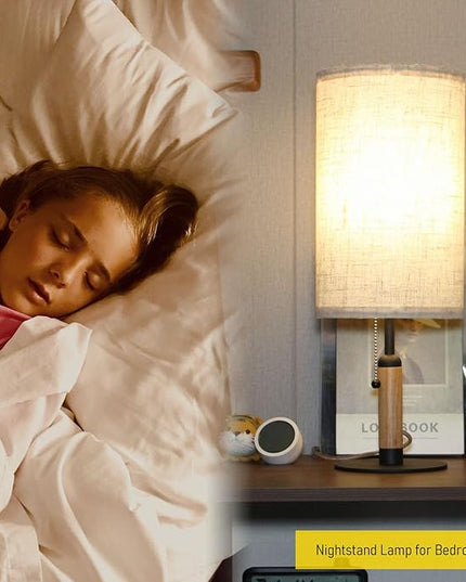 3-Color Temperatures Bedside Table Lamp for Nightstand Living Room Lamps for Bedroom Wood Fabric Pull Chain Switch Small Desk Lamps Home Office End Table Room Decor (Light Brown+Black) - LeafyLoom