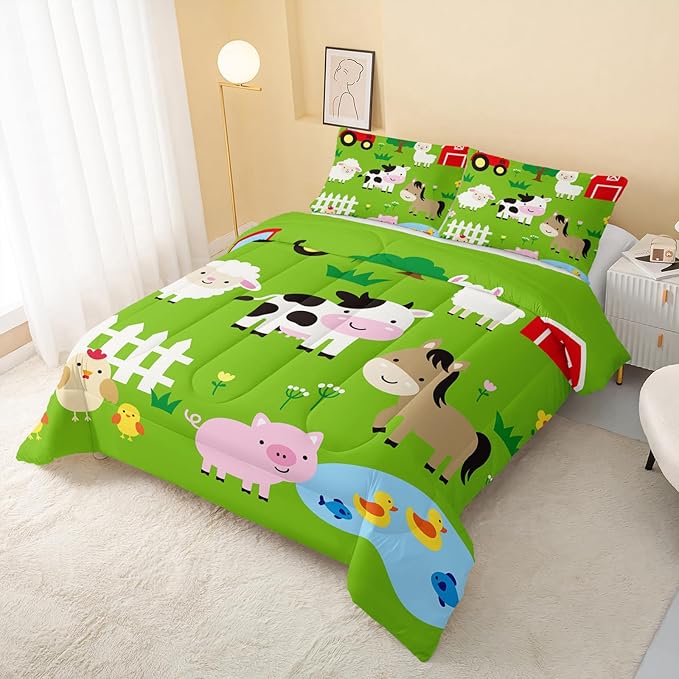Farm Animal Comforter,Pig Cow Sheep Comforter Set for Kids Teens Girls Boys,3Pcs Bedding Set Printed Comforter with 2 Pillowcases,Down Alternative,Soft and Lightweight，Full Size - LeafyLoom
