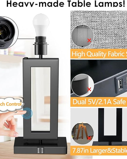 22" Large Lamps for Bedroom Set of 2 Touch Control Table Lamp for Living Room, 3-Way Dimmable Modern Lamps w/ 2 USB Ports, Bedside Nightstand Touch Lamps Gray &Black, End Table Desk Reading Lamp - LeafyLoom