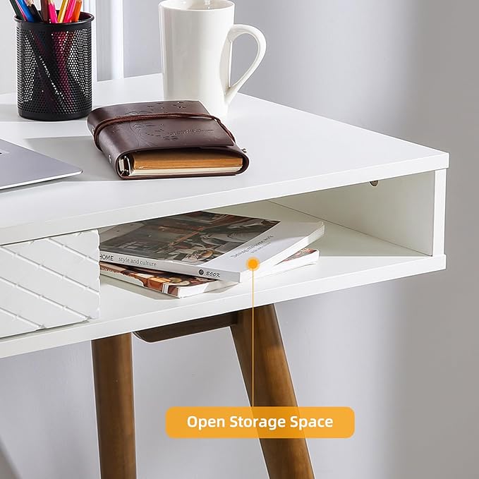 GAOMON Modern Home Office Writing Desk, 42 Inch Computer Table Desk with Drawers, Simple Mid Century Modern Desk, White - LeafyLoom