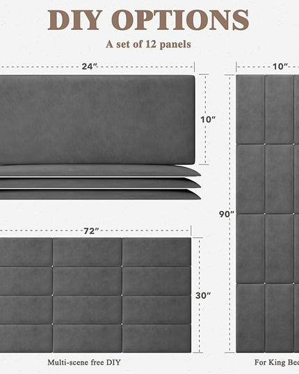 King Headboard, Wall Mounted Peel and Stick Headboard, Upholstered Leather Bed Headboard for King Size Bed, Floating Dorm Bedroom Tall Headboard Soundproof Wall Panels (12 Panels, 10"x24") - LeafyLoom