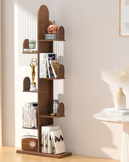 Cactus Bookshelf, Tree Bookshelf for Bedroom, Solid Wood Geometric Bookcase, Spine Bookshelf and Book Tower with Living Room, Walnut - LeafyLoom