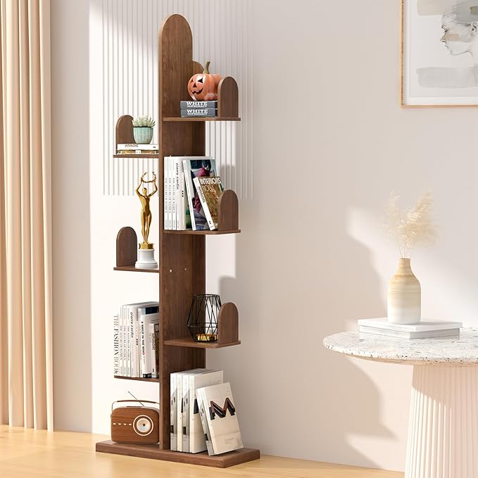 Cactus Bookshelf, Tree Bookshelf for Bedroom, Solid Wood Geometric Bookcase, Spine Bookshelf and Book Tower with Living Room, Walnut - LeafyLoom
