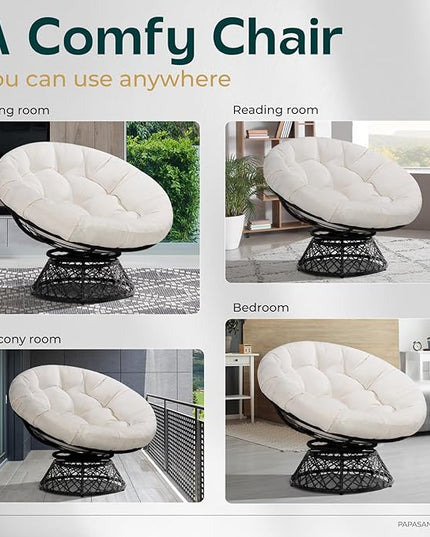 Bme 40" Ergonomic Wicker Papasan Chair with Soft Thick Density Fabric Cushion, High Capacity Steel Frame, 360 Degree Swivel for Living, Bedroom, Reading Room, Lounge - LeafyLoom