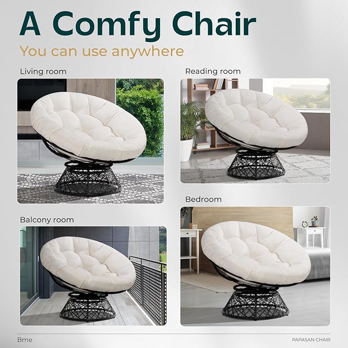Bme 40" Ergonomic Wicker Papasan Chair with Soft Thick Density Fabric Cushion, High Capacity Steel Frame, 360 Degree Swivel for Living, Bedroom, Reading Room, Lounge - LeafyLoom