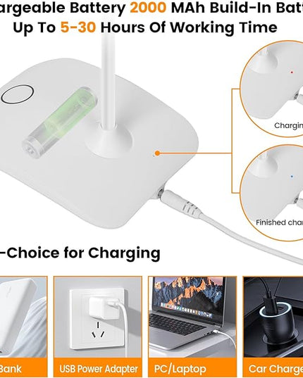 Battery Powered Desk Lamp, Portable Lamps Rechargeable 3 Color Modes Touch Control Stepless Dimming, Wireless Desk Lamp with 2000mAh, Small LED Table Light for Dorm Study Office Bedroom - LeafyLoom