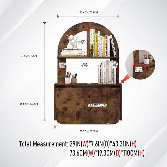 Wall Mounted Drop-Leaf Table, Floating Laptop Desk, Folding Table with Shelves, Multifunctional Computer Workstation Storage Compartments in Home Office for Space Saving (Rustic Brown) - LeafyLoom