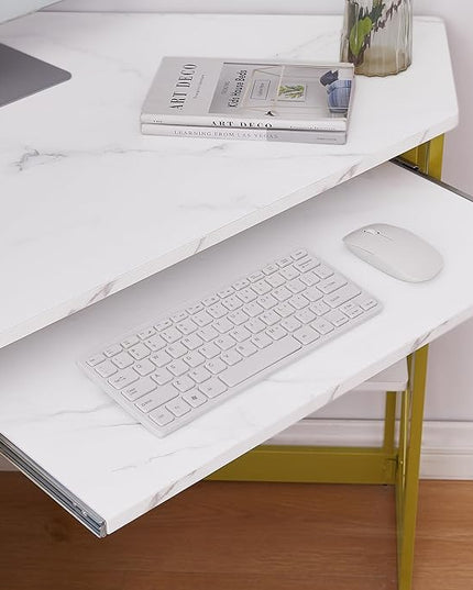 VECELO Corner Computer Desk 41 x 30 inches with Smooth Keyboard & Storage Shelves for Home Office Workstation, White & Gold - LeafyLoom