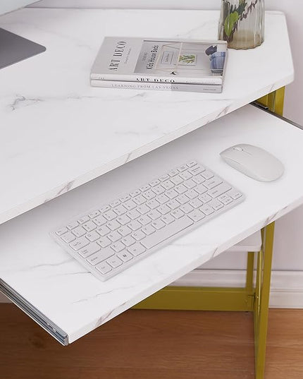 VECELO Corner Computer Desk Writing Smooth Keyboard Tray & Storage Shelves,Compact Home Office Triangle Table, Gold & White - LeafyLoom
