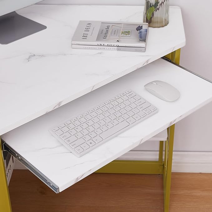 VECELO Corner Computer Desk Writing Smooth Keyboard Tray & Storage Shelves,Compact Home Office Triangle Table, Gold & White - LeafyLoom