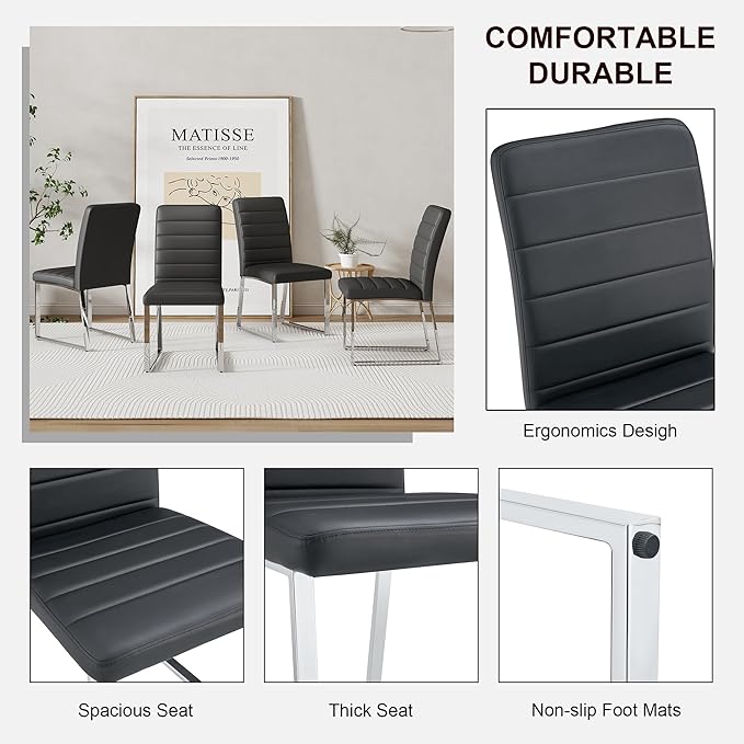 Dining Chairs Set of 4 Modern Faux Leather High Back Dining Room Kitchen Chairs with Silver Metal Legs,Chairs for Dining Room, Kitchen,Living Room, and Restaurants,Black - LeafyLoom