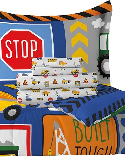dream FACTORY Kids 5-Piece Complete Set Easy-Wash Super Soft Microfiber Comforter Bedding, Twin, Navy Blue Under Construction - LeafyLoom