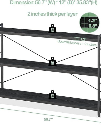 HCHQHS Bookshelf, 3-Tier Long Industrial Bookcase, Black Open Book Shelf, Freestanding Horizontal Bookshelves with Metal Frame - LeafyLoom