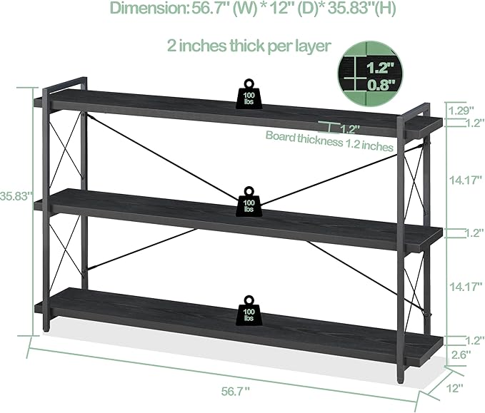 HCHQHS Bookshelf, 3-Tier Long Industrial Bookcase, Black Open Book Shelf, Freestanding Horizontal Bookshelves with Metal Frame - LeafyLoom