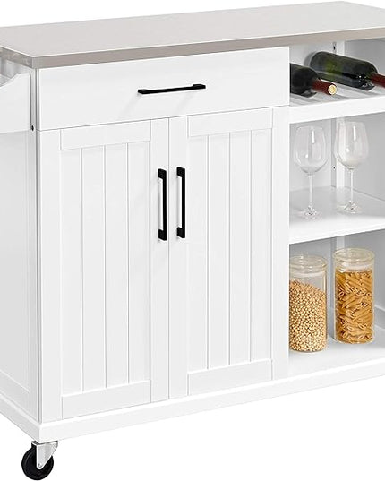 Yaheetech Kitchen Island Cart with Stainless Steel Top, Rolling Storage Cabinet on Wheels with Drawer& Wine Rack & Spice Rack, Sideboard Buffet with Towel Bar, White - LeafyLoom