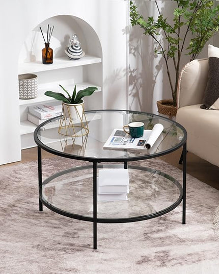 VINGLI Glass Coffee Table,30" Round Coffee Table Black Coffee Tables for Living Room,2-Tier Glass Top Coffee Table with Storage Clear Coffee Table,Simple & Modern Center Table Mesa de Centro Para Sala - LeafyLoom