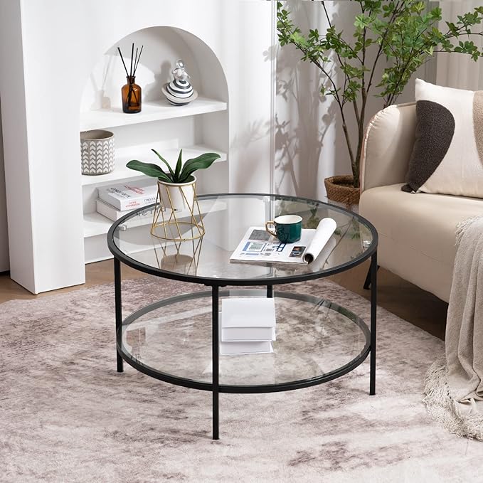 VINGLI Glass Coffee Table,30" Round Coffee Table Black Coffee Tables for Living Room,2-Tier Glass Top Coffee Table with Storage Clear Coffee Table,Simple & Modern Center Table Mesa de Centro Para Sala - LeafyLoom