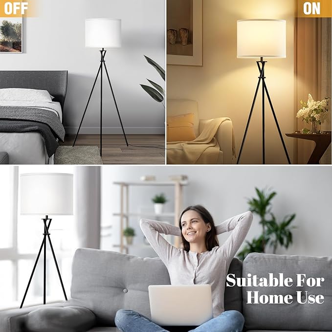 Modern Floor Lamps, 61" Tripod Floor Lamp, Mid Century Lamp with Simple Design, Lamps for Living Room, Bedroom, Office,Tall Standing Lamp with Rocker Swtich, Black White- without Bulb - LeafyLoom