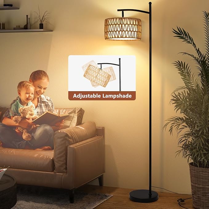 Rattan Floor Lamps for Living Room, Boho Standing Lamp with Remote Control, Arc Floor Lamp Dimmable with Rattan& Linen Double Shades, Wicker Floor Lamp for Bedroom, Office - LeafyLoom