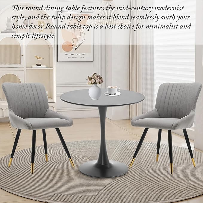 Black Round Dining Table, 31.5" Tulip Table Kitchen Round Dining Table for 2-4 People with MDF Table Top and Metal Pedestal Base, Mid-Century Leisure Table for Home, Dining Room, Cafe - LeafyLoom