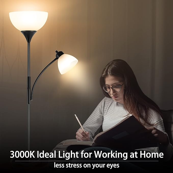 Floor Lamp, Dimmable Standing lamp, 3 Levels Dimmable Brightness, Included 9W and 5W LED Bulbs, Industrial Floor Lamp for Living Room, Bedroom, Office, Reading - LeafyLoom