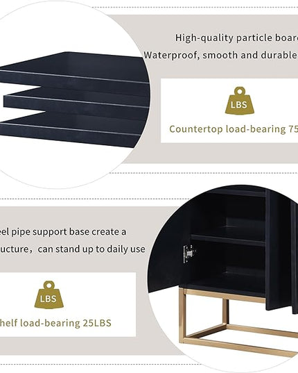 Sideboard Buffet Cabinet with Large Storage Space,Modern Particle Board Kitchen Console Table,W/ 4 Doors and Gold Metal Legs,Dining Room,Entryway,Black, 47.2" - LeafyLoom