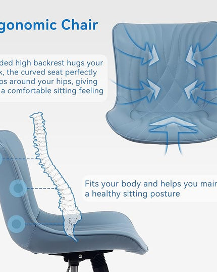 YOUNIKE Office Chair, Armless Desk Chair with Wheels, Aesthetic Home Office Computer Task Chairs, Modern Faux Leather Upholstered Vanity Chair, Adjustable Swivel Rocking Chair with Back, Blue - LeafyLoom