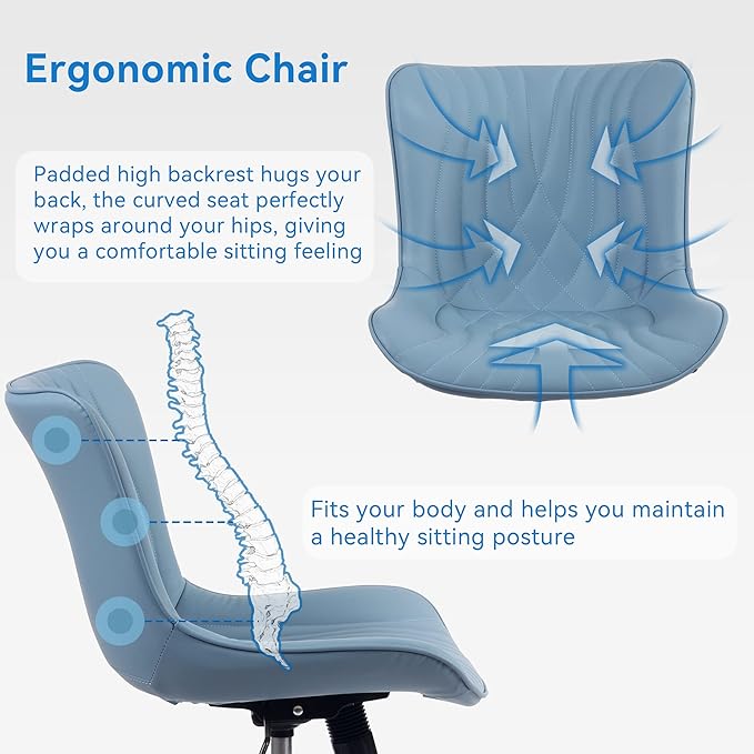 YOUNIKE Office Chair, Armless Desk Chair with Wheels, Aesthetic Home Office Computer Task Chairs, Modern Faux Leather Upholstered Vanity Chair, Adjustable Swivel Rocking Chair with Back, Blue - LeafyLoom