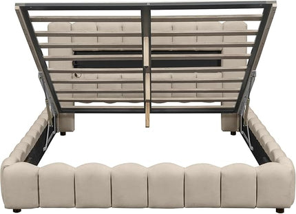 Queen Size Upholstered Platform Bed with Large Underneath Storage and LED Headboard, Platform Bed Frame with USB Charger for Bedroom Guest Room,No Box Spring Needed - LeafyLoom