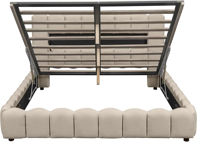 Queen Size Upholstered Platform Bed with Large Underneath Storage and LED Headboard, Platform Bed Frame with USB Charger for Bedroom Guest Room,No Box Spring Needed - LeafyLoom