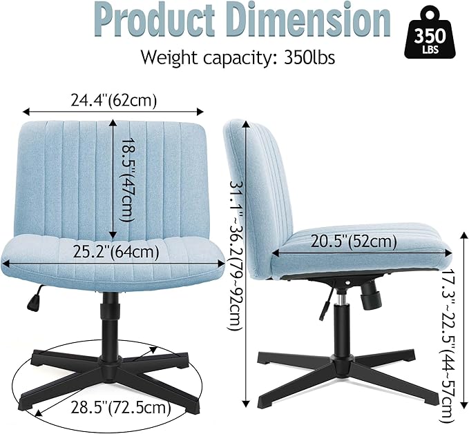Armless Office Chair no Wheels, Ergonomic Wide Seat Swivel Desk Chair, Height Adjustable Cross Legged Comfortable Computer Chair for Living Room, Vanity Accent Chair LightBlue - LeafyLoom
