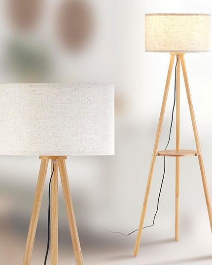 Wood Tripod Floor Lamp with Shelves,Linen Shade Modern Mid Century Wooden Standing Floor lamp for Living Room,with Three Color temparature Bulb Included,ETL Listed/Natural Wood Color - LeafyLoom