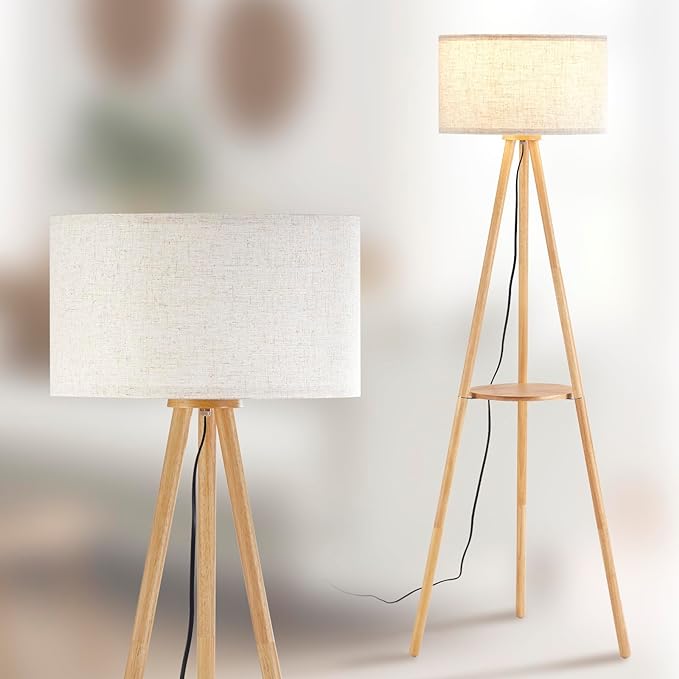 Wood Tripod Floor Lamp with Shelves,Linen Shade Modern Mid Century Wooden Standing Floor lamp for Living Room,with Three Color temparature Bulb Included,ETL Listed/Natural Wood Color - LeafyLoom