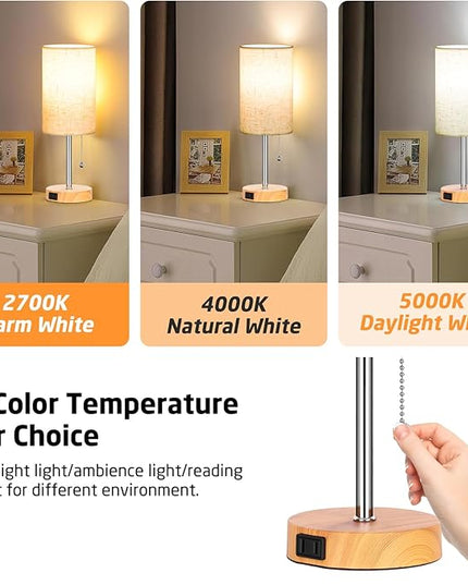 Set of 2 Table Lamps for Bedroom, 2700K/4000K/5000K Bedside Lamp Nightstand Lamp with Pull Chain and AC Outlet, Table Lamp for Living Room Reading Kids Room Wood Grain (8W LED Bulbs Included). - LeafyLoom