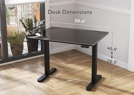 Glass Standing Desk, Small Electric Standing Desk Adjustable Height, 40 Inch Adjustable Stand Up Desk, Quick Install Home Office Computer Desk, Black - LeafyLoom