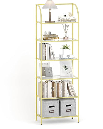 Bookcase Bookshelf, Tempered Glass Arched Bookshelf for More Storage, Slim Shelving Unit for Bedroom, Bathroom, Home Office, Steel Frame, Wide 6 Tier Gold BC22699G - LeafyLoom