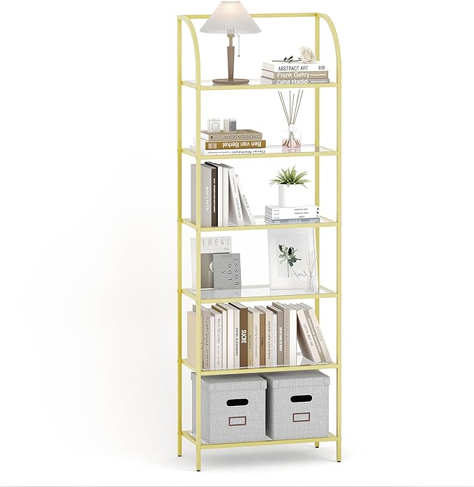 Bookcase Bookshelf, Tempered Glass Arched Bookshelf for More Storage, Slim Shelving Unit for Bedroom, Bathroom, Home Office, Steel Frame, Wide 6 Tier Gold BC22699G - LeafyLoom