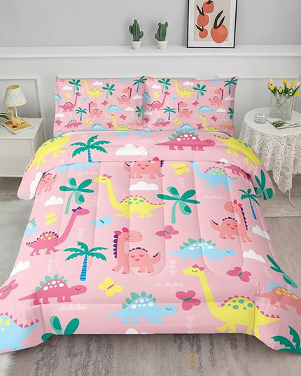 Axolotl Cute Dinosaur Comforter Set Twin,Colorful Dinosaur Girls Bedding Set,Dinosaurs Print Comforter Sets Botanical Palm Trees,Butterfly Bedding Set for Kids Girls Teens,1 Quilt 2 Pillowcases,Pink - LeafyLoom