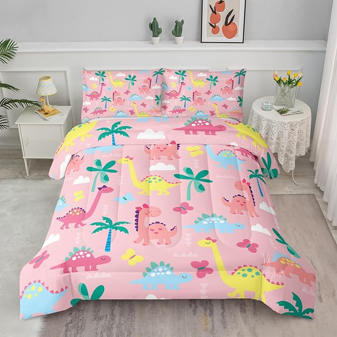 Axolotl Cute Dinosaur Comforter Set Twin,Colorful Dinosaur Girls Bedding Set,Dinosaurs Print Comforter Sets Botanical Palm Trees,Butterfly Bedding Set for Kids Girls Teens,1 Quilt 2 Pillowcases,Pink - LeafyLoom