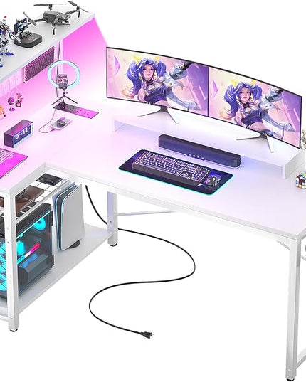 Homieasy Small Gaming Desk with Power Outlets Pegboard LED Light, 51 Inch L Shaped Computer Desk with Monitor Stand Storage Shelves, Reversible Corner Desk with Headset Hooks, White - LeafyLoom